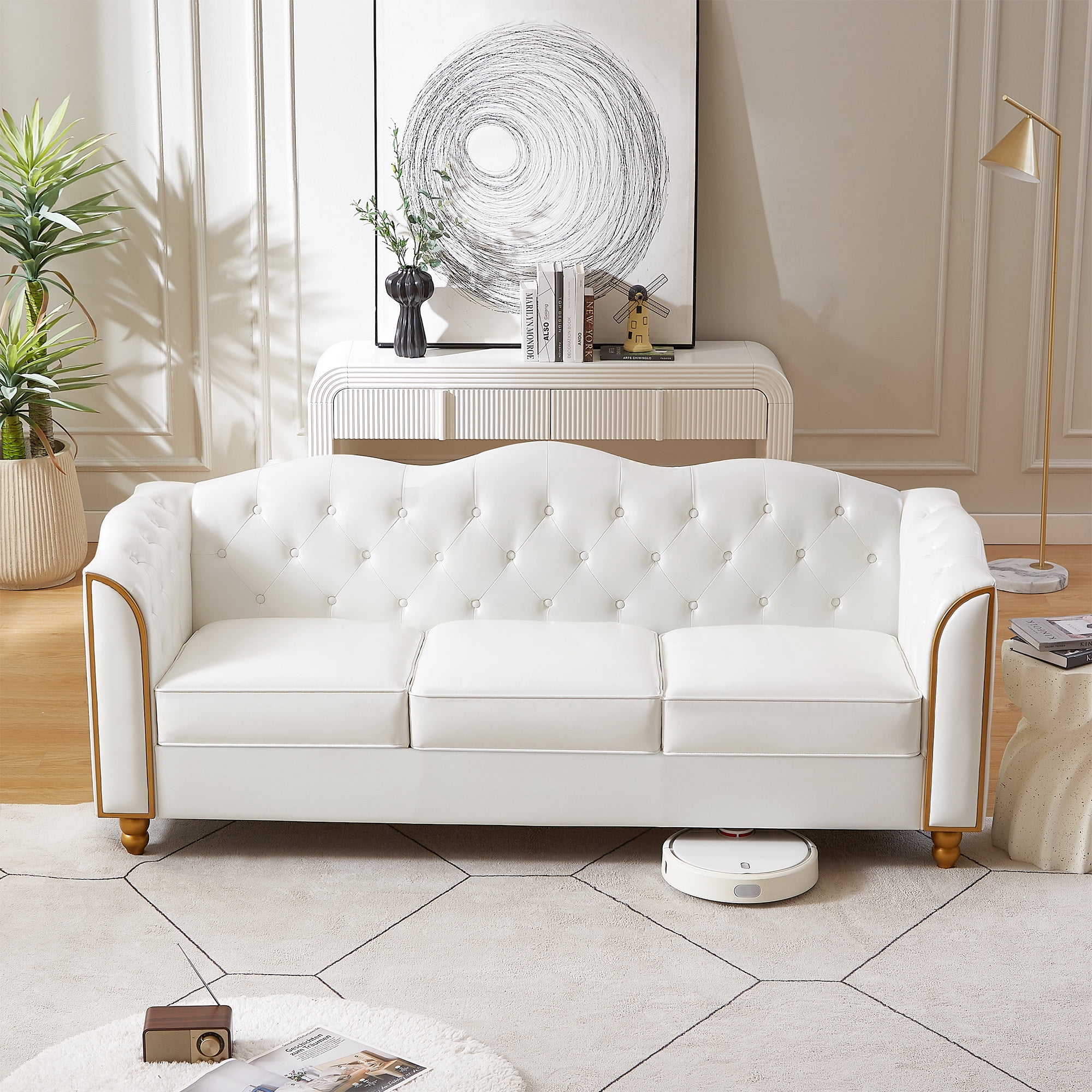 Homfa 3 Seater Sofa, 78.7'' Modern Large PU Button Upholstered Couch with Golden Wood Legs, White