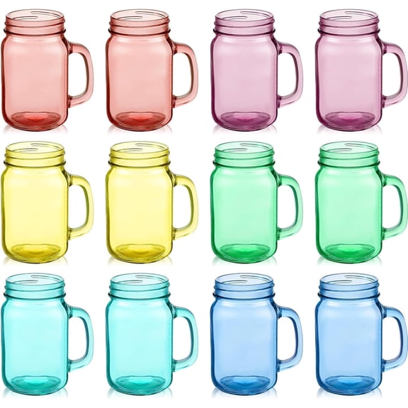 12 Pcs 16 oz Colored Mason Jars with Handle Bulk, Vintage Color Glass Mason Jars for Cold Beverages Decoration Storage Party Favors Cocktails(Multicolor)