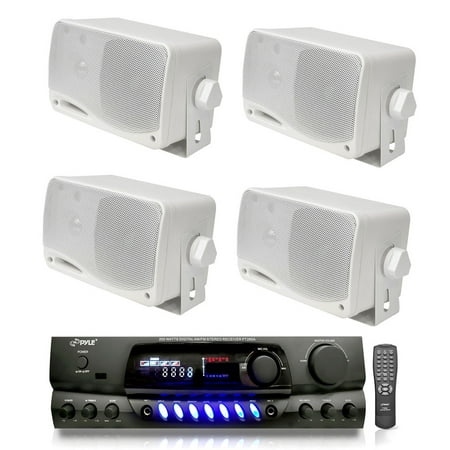 New (4) PYLE PLMR24 200W Outdoor Speakers + PT260A 200W Stereo Theater (Best Receiver For Outdoor Speakers)