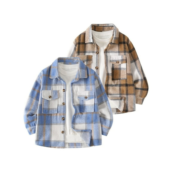 Fdqin Boys Flannel Shirt Plaid 2 Pcs Button Down Long Sleeve Shirts Fall Winter Jacket for Kids Blue Brown 7-8 Years