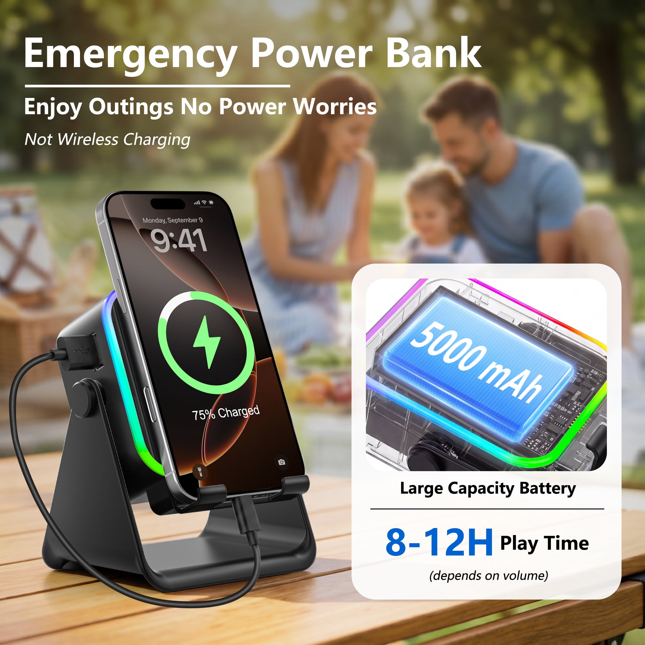 Wireless Induction Speaker, 6 in 1 Cell Phone Stand with Bluetooth Speaker, HD Stereo Sound, 5000mAh Rechargeable, Colorful Ambient Light, Compatible with Iphone/Android/Ipad, Gifts for Men Women