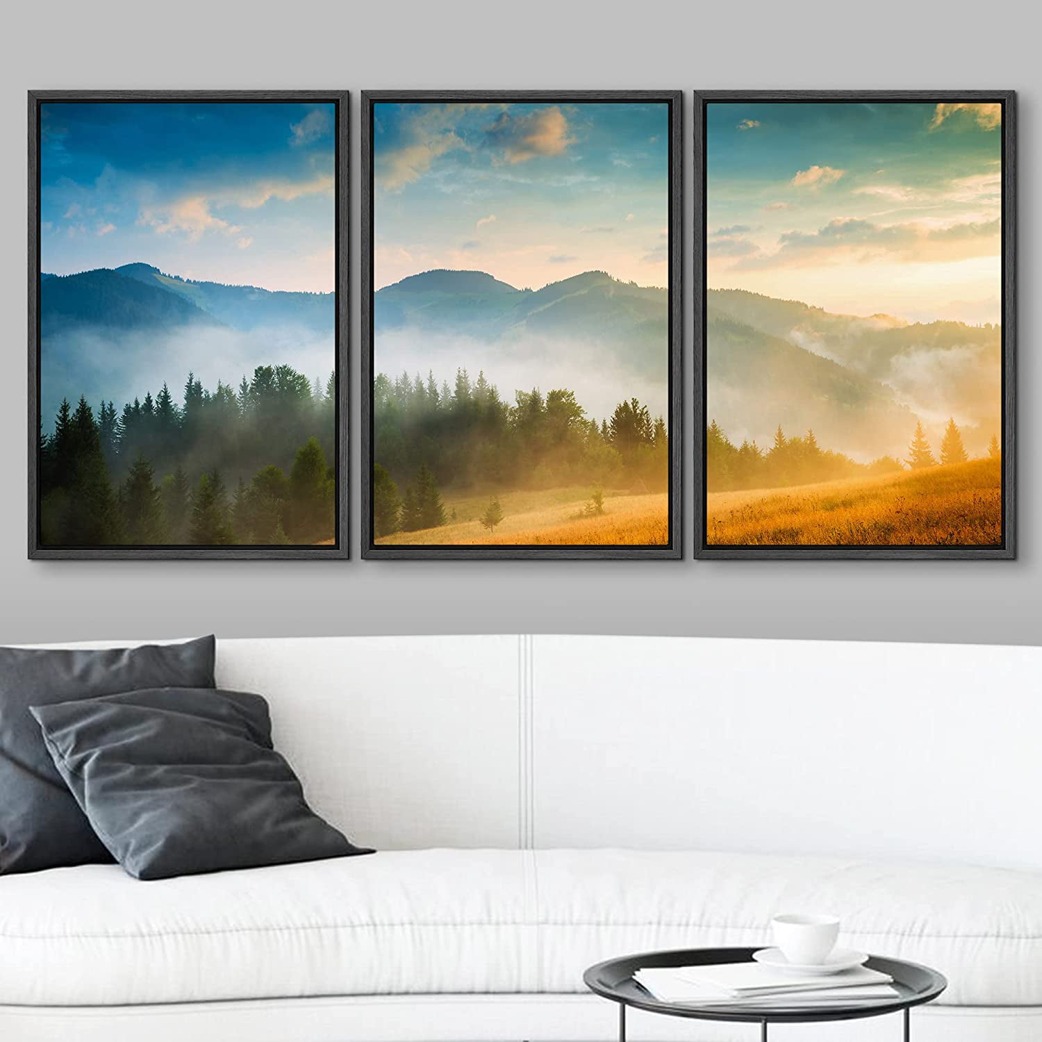 wall26 Framed Canvas Print Wall Art Set Morning Mountain Forest with Fog  amp; Hay Nature Wilderness Photography Realism Rustic Scenic Colorful for Living  Room, Bedroom, Office 24quot;x36quot;x3