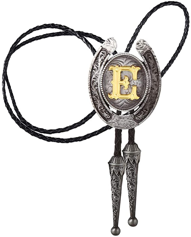 STARBRILLIANT Vintage Western Cowboy Tie Golden Initial A to Z Cowboy Bolo Tie with Gun Black European Retro Pattern Edge, U, L