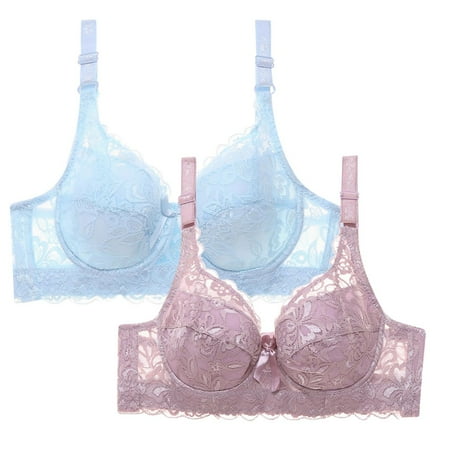WREESH Womens 2 Pack Lace Bralette Comfortable Push Up Soft Padded Wireless Plunge Bra Adjustable Strap Everyday Bra Underwear Light Blue
