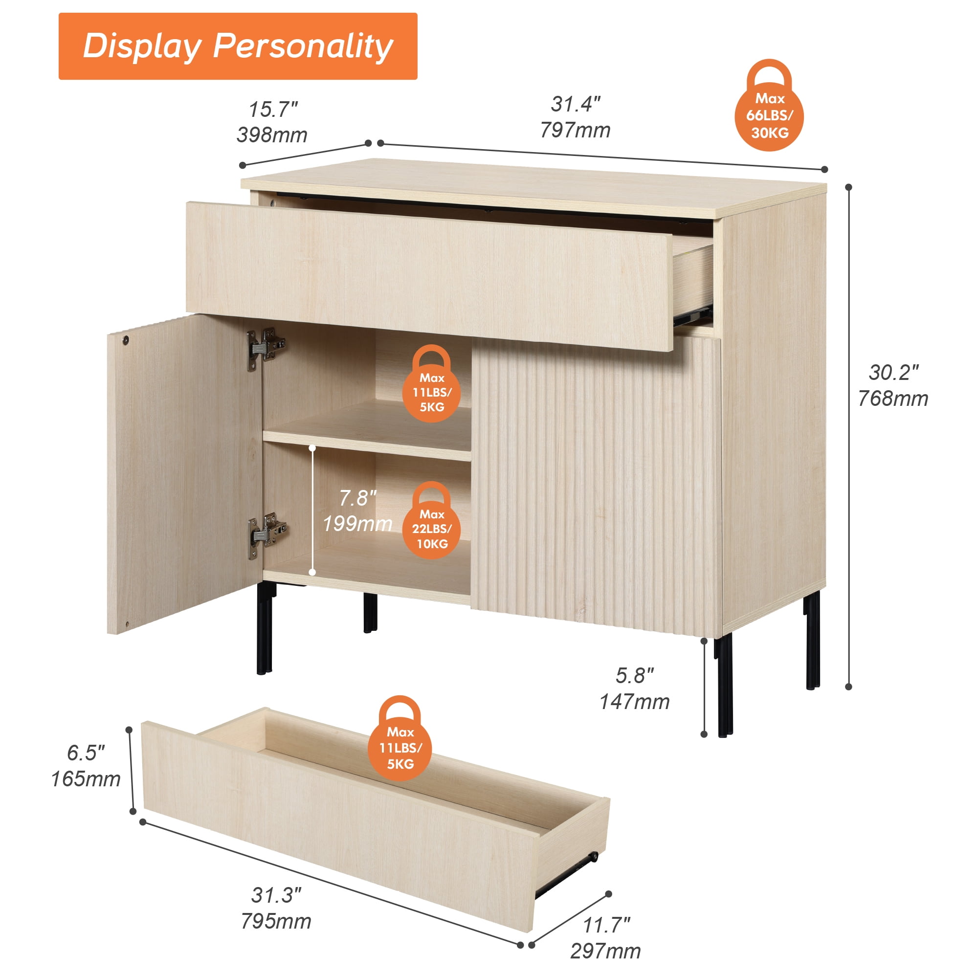 31.5" Wooden Reeded Sideboard with Doors and Drawer, Modern Credenza Storage Cabinet for Kitchen, Dining Room