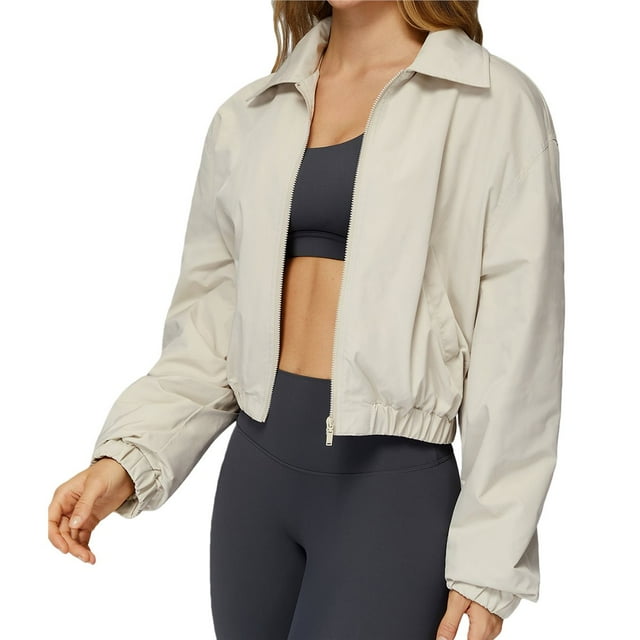 Chaqueta Corta Holgada para Mujer, con Cremallera, Cortavientos, Cálida, Ideal para Deportes Al Aire Libre y Correr Arroz con Albaricoque XL