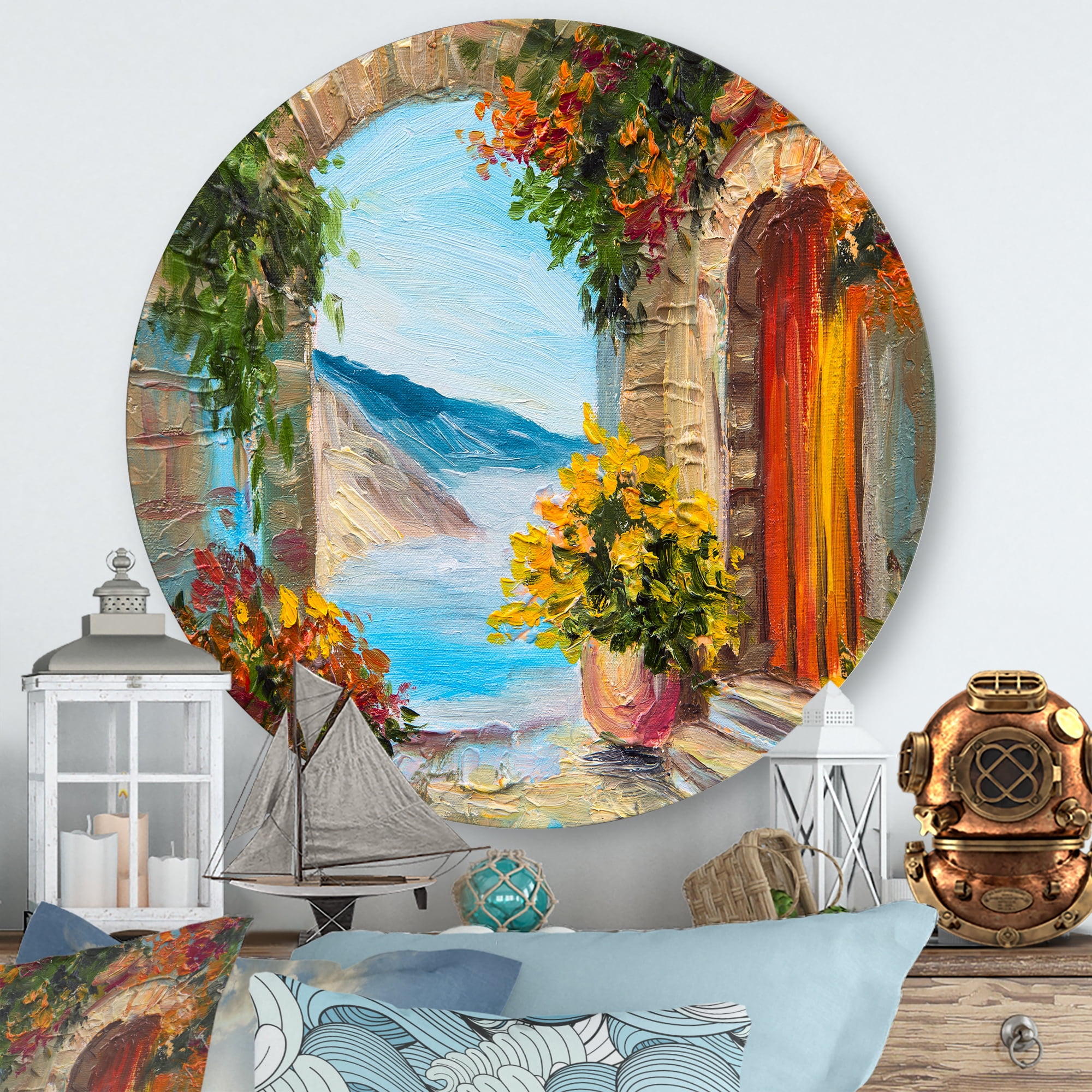 Designart 'House With Colorful Flowers Near The Sea Summer Season' Nautical & Coastal Circle Metal Wall Art 11x11 - Disc of 11
