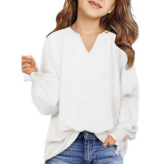 LTTVQM Shirts for Girls Long Sleeve Cute Chiffon Tunic Tops Soft V Neck Blouse Trendy T-Shirts White 9-10 Years