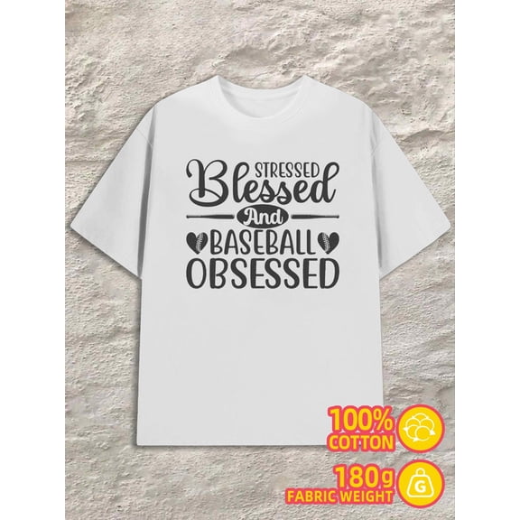 Stressed & Blessed Baseball mens white 180G 100% Cotton Regular Fit,Everyday Comfort,Comfortable Casualwear,Urban Style Casual Unisex Shirt Crewneck tshirts