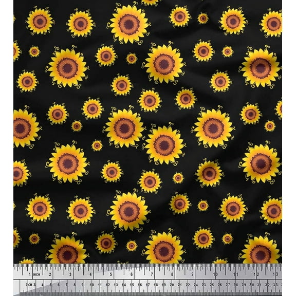 Soimoi Black Cotton Duck Fabric Sunflower Floral Print Fabric by Yard 42 Inch Wide