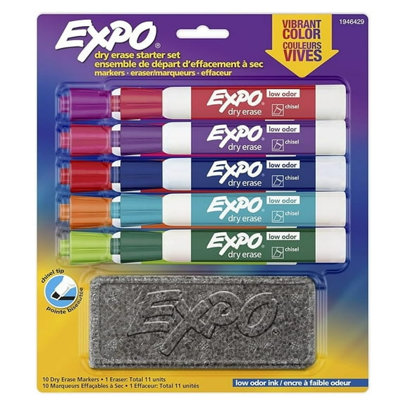 Low Odor Dry Erase Marker Starter Set with White Board Eraser, Chisel Tip Dry Erase Markers, Assorted Colors, 11-Piece Set