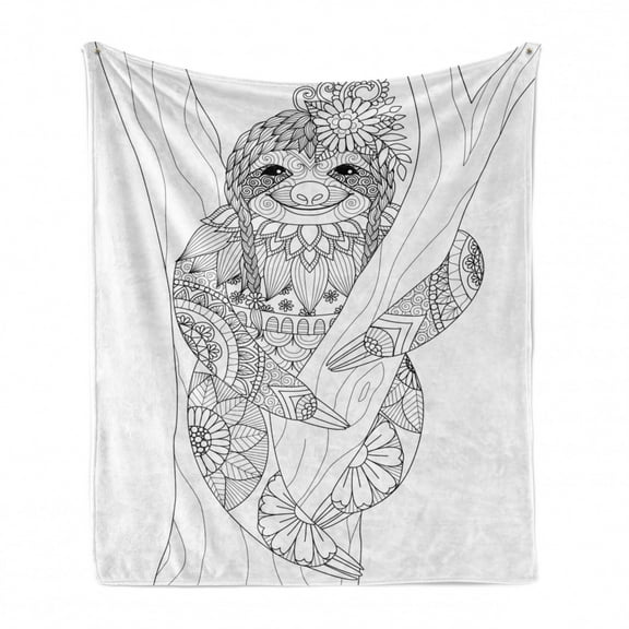 Sloth Soft Flannel Fleece Throw Blanket, Smiling Animal on Tree with Various Floral Details Monochrome Wildlife, Cozy Plush for Indoor and Outdoor Use, 50" x 70", Black White, by Ambesonne