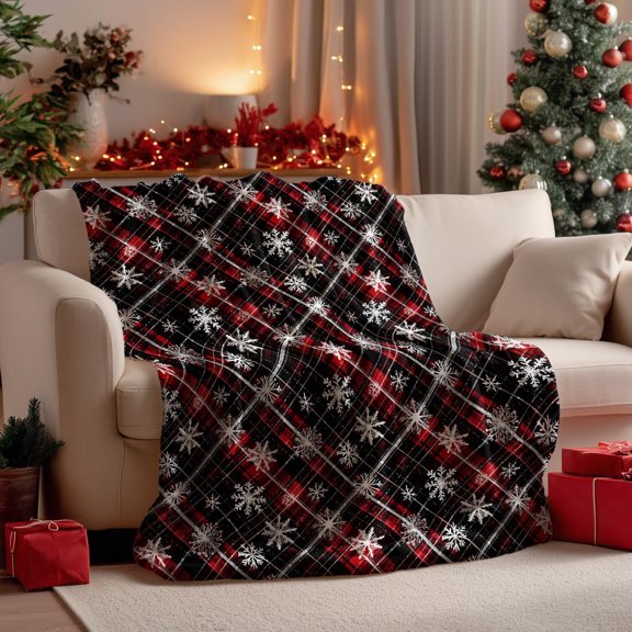 Christmas Blanket Throw Black Red Buffalo Plaid Snowflake Soft Fuzzy Plush Cozy Blankets for Sofa Bed Lounging, Ideal Christmas Gifts for Adults