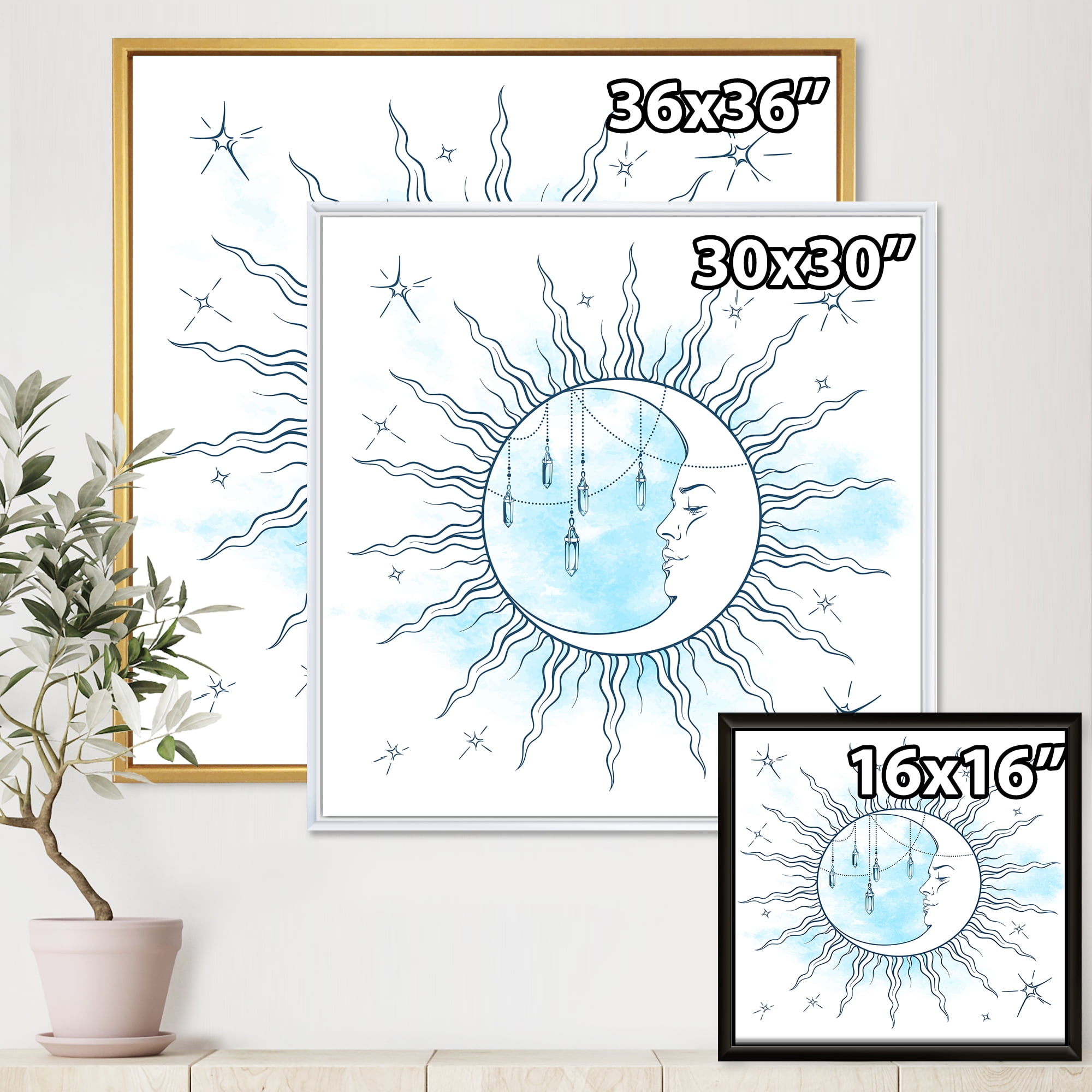 Designart 'Blue Crescent Moon With Stars and Moonstone Pendants' Bohemian & Eclectic Framed Canvas Wall Art Print