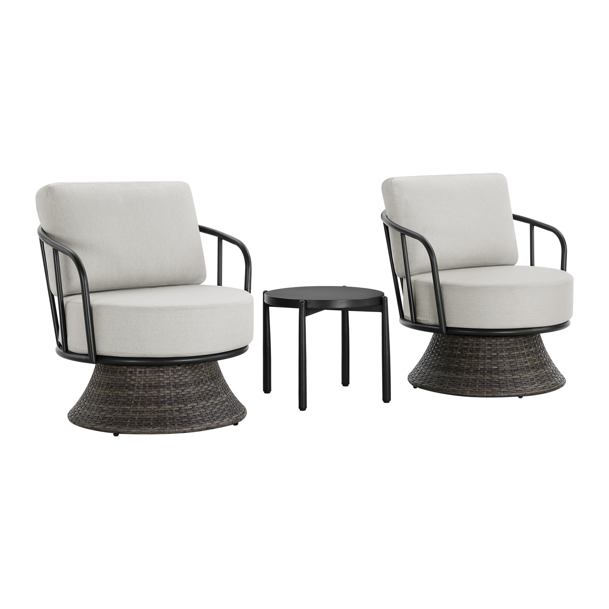 Spruce & Spring 3-Piece Patio Furniture Set, Outdoor Swivel Wicker Chairs with Side Table, Light Gray Olefin Cushions & Dark Gray Wicker, for Porch, Deck & Backyard