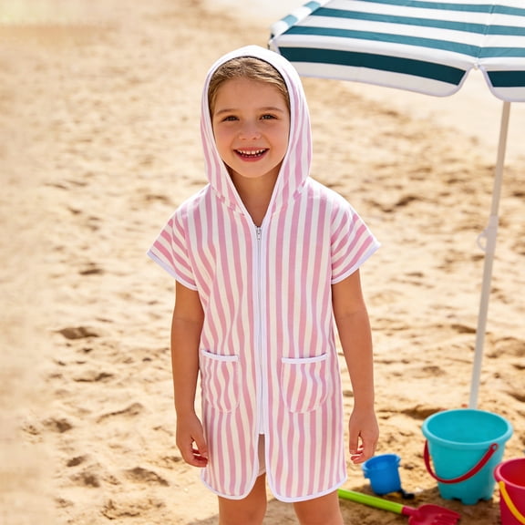 Trendfront Girls Hooded Short Sleeve One-Piece Swimsuit with Cover-Up Bathing Suit Kids Beach Summer Pool Outfit