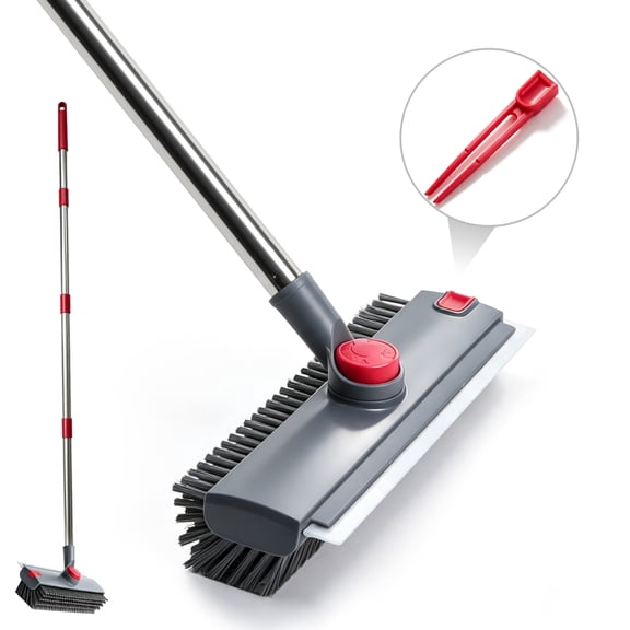 Mastertop Floor Scrub Brush with 53in Long Handle,4 in 1 Heavy-Duty Stiff Bristle Scrubber with Squeegee,Black