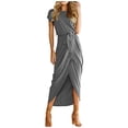 thumbnail image 1 of B91xZ Robes pour Femmes Col Carré Manches Courtes Fendue Robe de Cuisse Couleur Unie Robe Midi Ligne A, Gris TG, 1 of 4