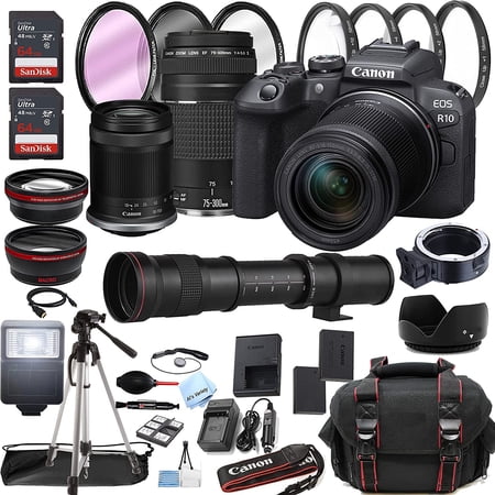 Canon EOS R10 Mirrorless Digital Camera with RF-S 18-150mm f/3.5-6.3 IS STM Lens + 75-300mm Lens + 50mm STM Lens + 420-800mm Super Telephoto Lens + 128GB Memory + Case + Tripod + Filters 45pc Bundle