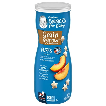Gerber Snacks for Baby Grain & Grow Puffs, Peach, 1.48 oz Canister (6 Pack)