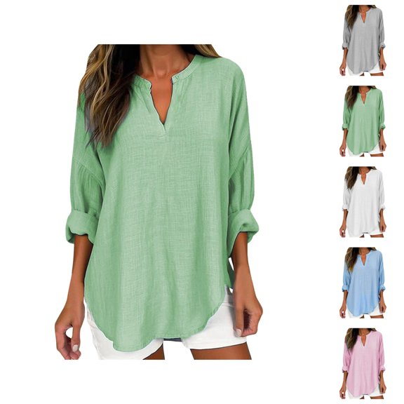 Long Sleeve Shirts for Women 2026 Spring Linen Lightweight Casual V Neck Oversized Blouse Office Work Tops