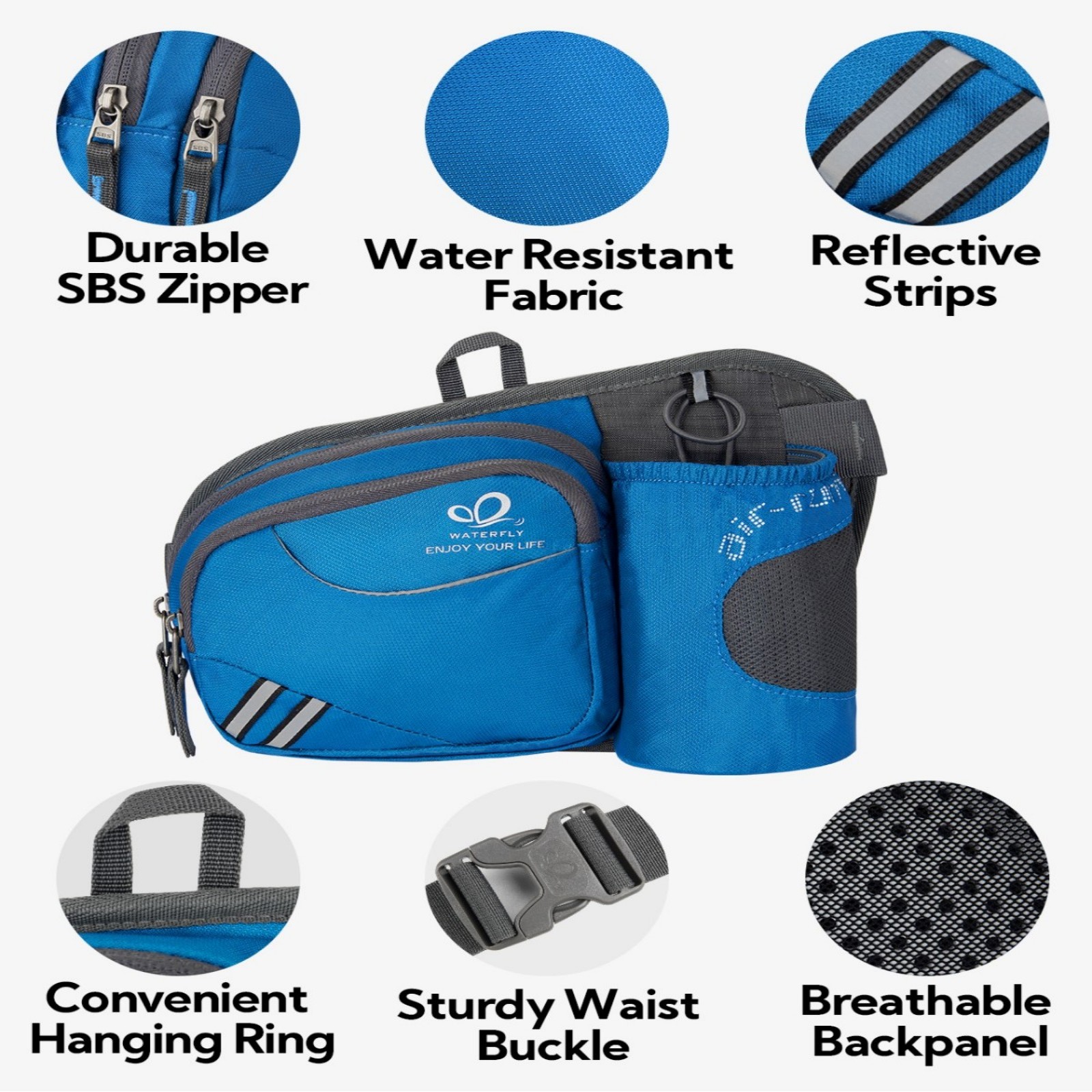 WATERFLY Unisex 3.5L Nylon Fanny Packs with a Water Bottle Holder Travelling Hiking Walking,Blue