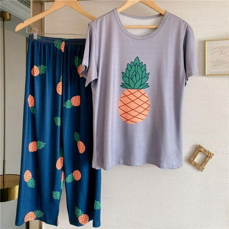 

SweetCandy Love The New Pajamas Women Summer Short-sleeved Trousers Loose Cartoon Casual Home Service Suit Two-piece Avocado Color Is Optional