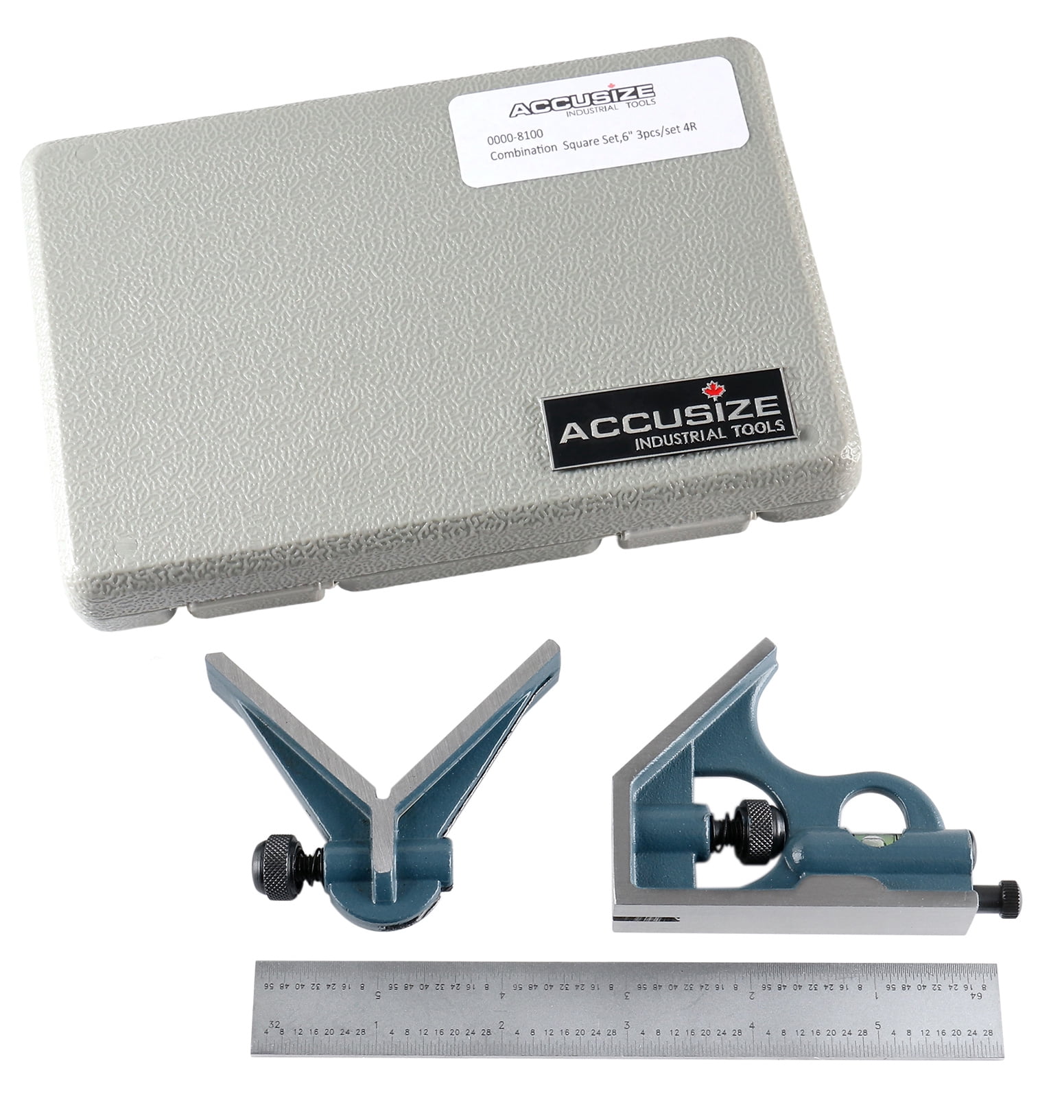 Accusize 6'' 3 Pc Combination Square Ruler Set Protractor Satin, 4-R Graduation, 0000-8100