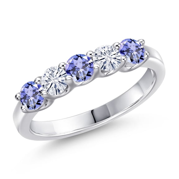 Gem Stone King 925 Sterling Silver Blue Tanzanite and White Moissanite Wedding-Bands Alternate Ring for Women | 0.86 Cttw | Round 3.5MM | Gemstone December Birthstone | Size 5 - 9 | Size 5