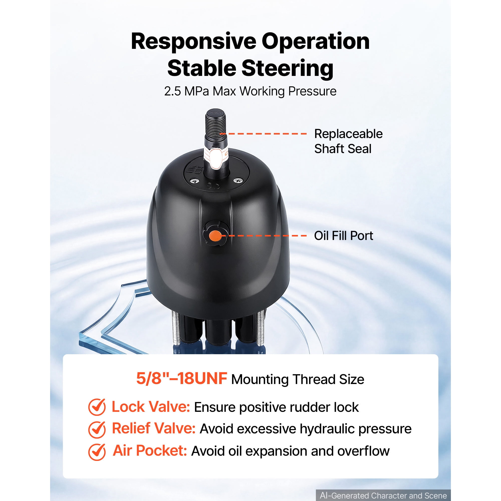KFFKFF Hydraulic Steering Helm Pump for Boats, Marine Steering System with 150 HP Capacity, 2.5 MPa Max Pressure, Durable Aluminum Alloy Housing, Built-in Lock Valve, and Replaceable Shaft Seal