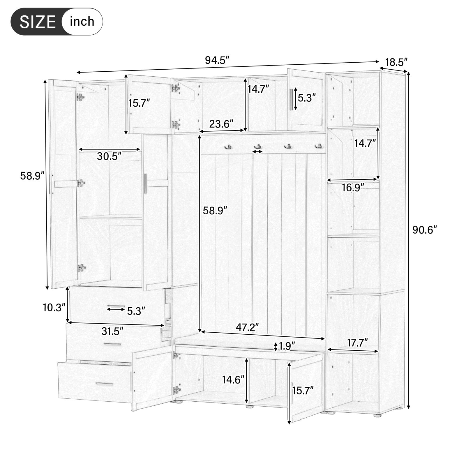 94"W 4-in-1 Entryway Hall Tree with Padded Bench, Coat Rack with 4 Hooks, Adjustable Storage Shelves & Cabinet, Large Mudroom Organizer for Hallway Living Room, Antique Black