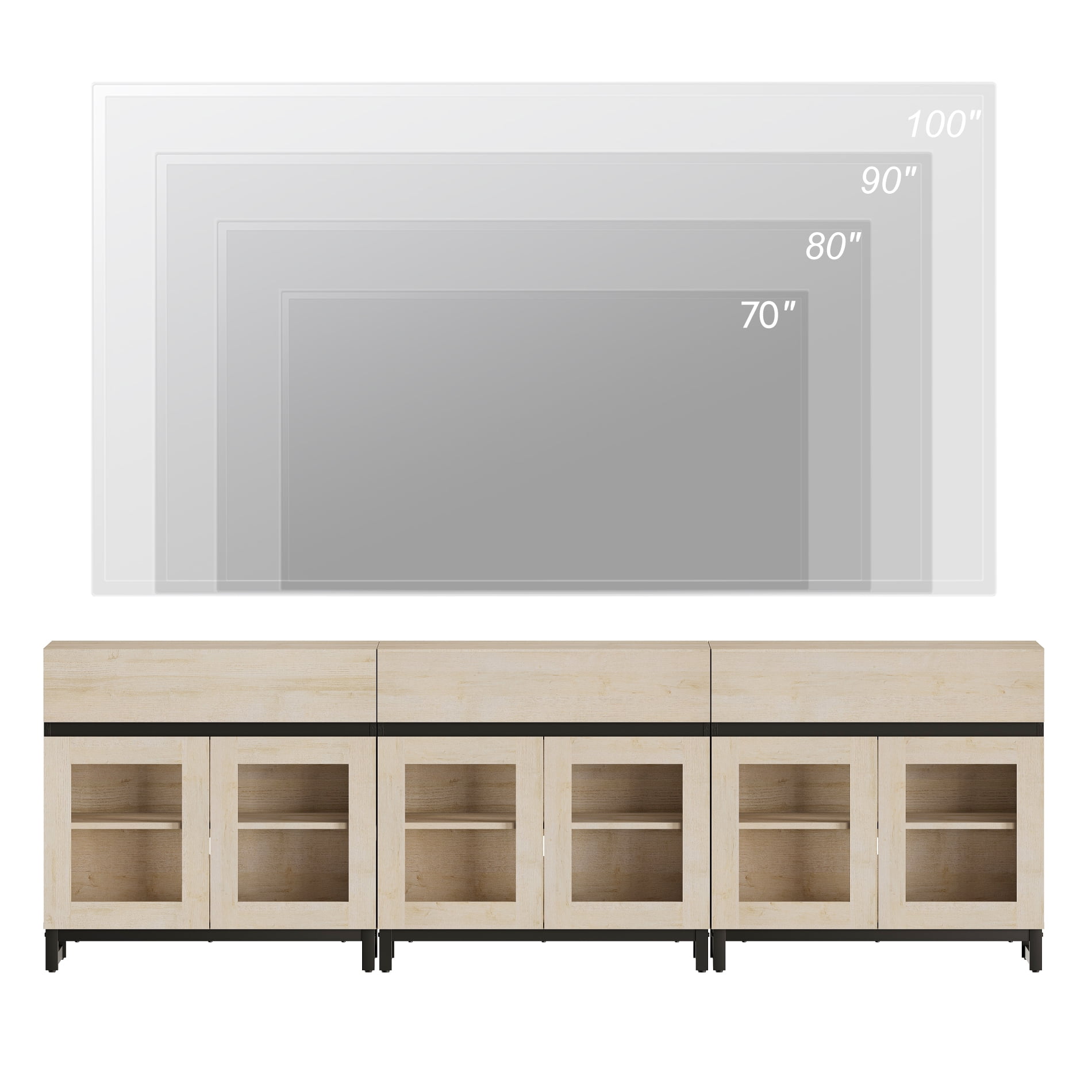 WAMPAT 3-in-1 Modern TV Stand with Glass Doors & 3 Drawers, Metal Base Entertainment Center for 110 Inch TVs, Media Console for Living Room & Bedroom