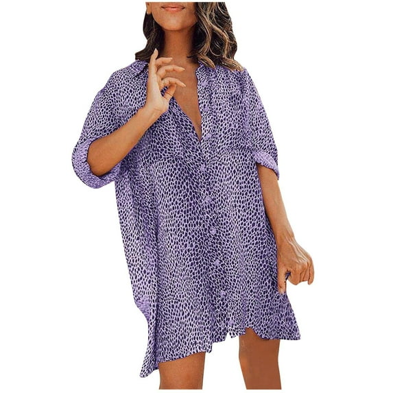 QUYUON Women Button-Down Dress Casual Loose Long Sleeve Lapel Blouse Shirts Mini Short Dress with Pockets Leopard Print Tunic Dresses Summer Beach Sundress, Purple XL