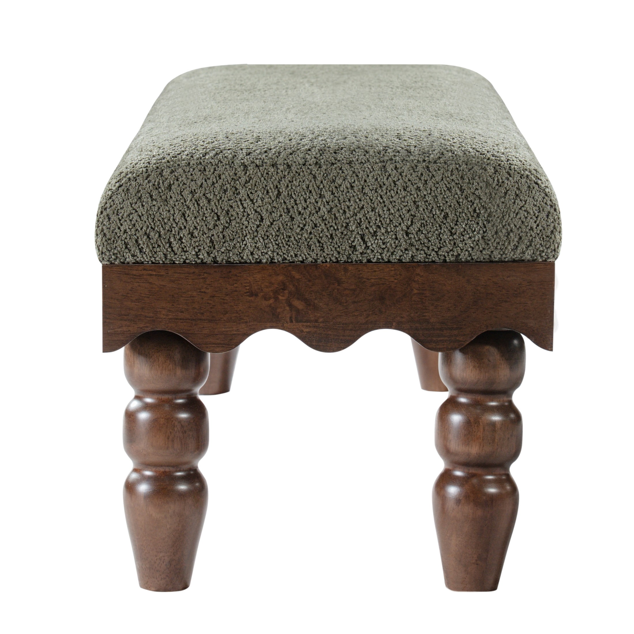 Christopher Knight Home Vintage Boucle Fabric Bench, Wave Trim Ottoman with Solid Wood Legs, Olive Green
