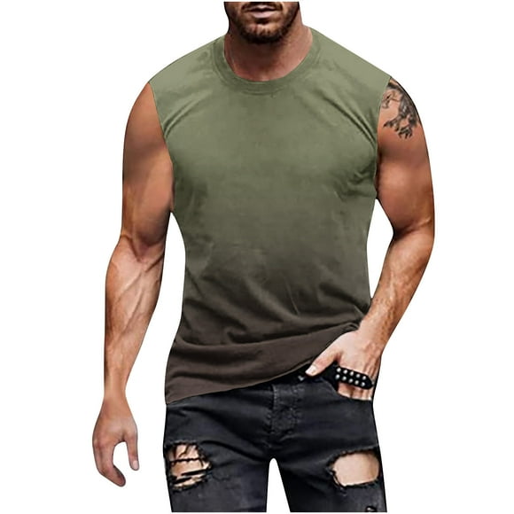 Ruimatai Cotton Sleeveless Beach Shirts for Men Plus Size Gradient Sleeveless Tank Top Regular Pullover Round Neck Sleeveless T-shirt Casual Sports Tank Top