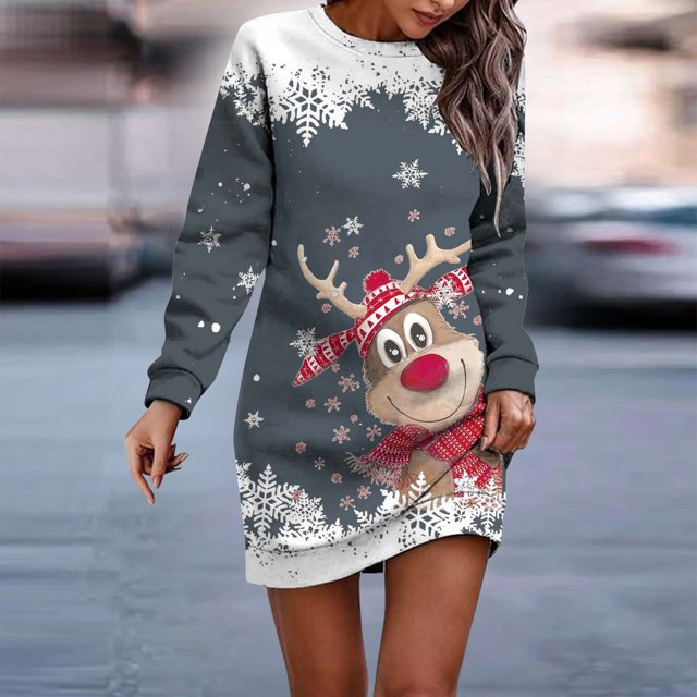 Vestidos de Mujer, Vestido Casual de Manga Larga Con Cuello Redondo y Estampado Navideño de Moda de Otoño E Invierno Para Mujer