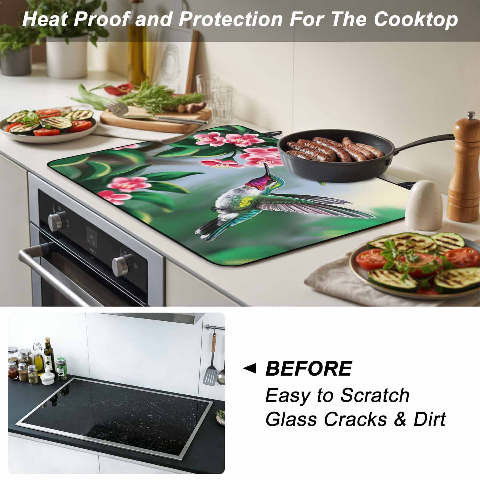 Green Hummingbird Stove Top Cover for Electric Stove, Heat-proof & Non Slip Glass Top Stove Cover Protector, Spring Summer Pink Flower Leaf Kitchen Flat Cooktop Rubber Mat 24x21 Inches