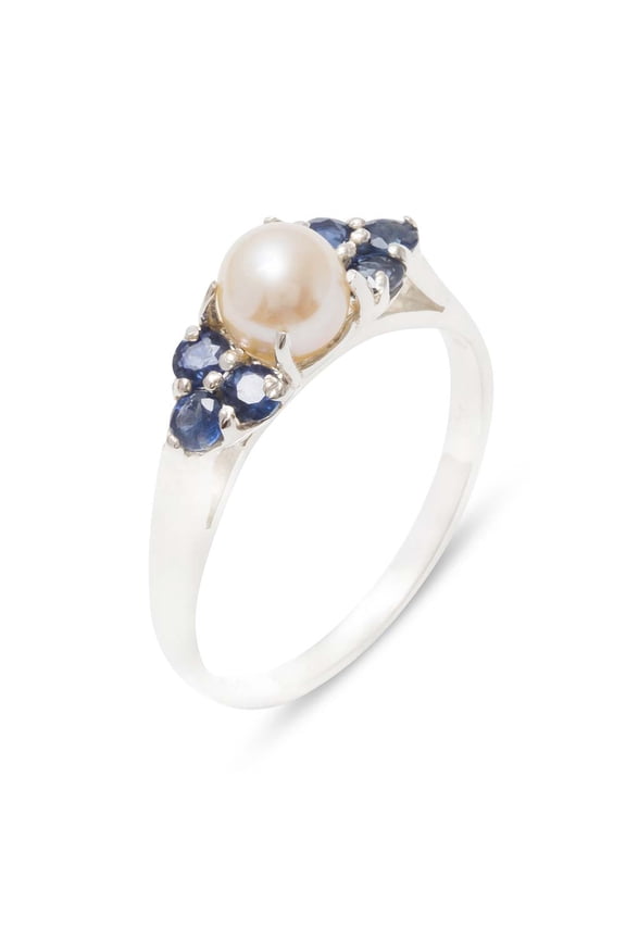 LBG British Made 925 Sterling Silver Cultured Pearl & Sapphire Womens Cluster Ring - 33 size options - Size 8.25