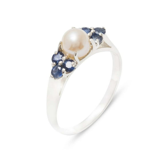 LBG British Made 925 Sterling Silver Cultured Pearl & Sapphire Womens Cluster Ring - 33 size options - Size 10