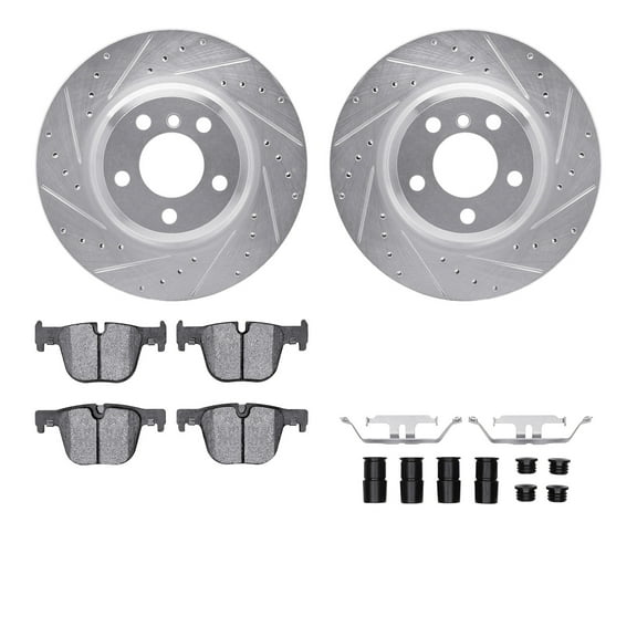 Dynamic Friction Company Rear Brake Rotors-Drilled and Slotted-Silver with 5000 Euro Ceramic Brake Pads includes Hardware 7612-31093