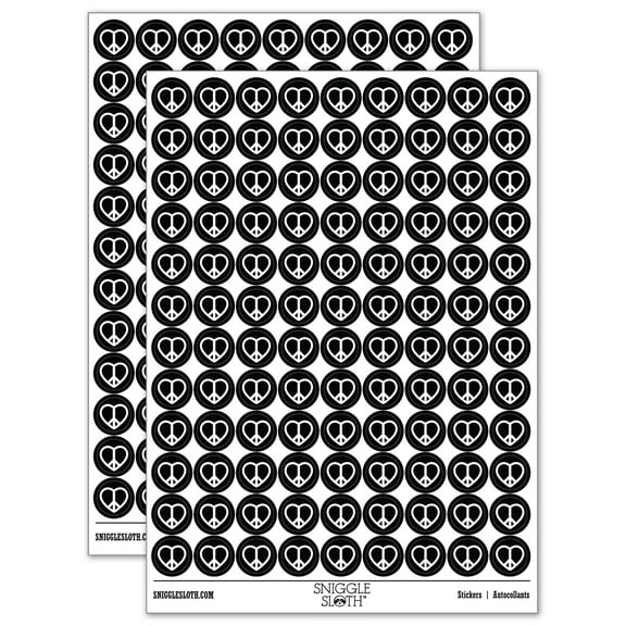 Peace Symbol in Heart 200 Round Stickers - Black - Gloss Finish - 0.50" Size