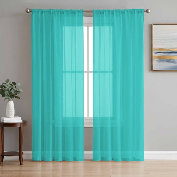 Turquoise Semi Sheer Window Curtains 96 Inches Long, Modern Pure Turquoise Rod Pocket Voile Silky Chiffon Curtain Light Filtering Drapes for Living Room, Kitchen, Bedroom, 52"x96", 2 Panels