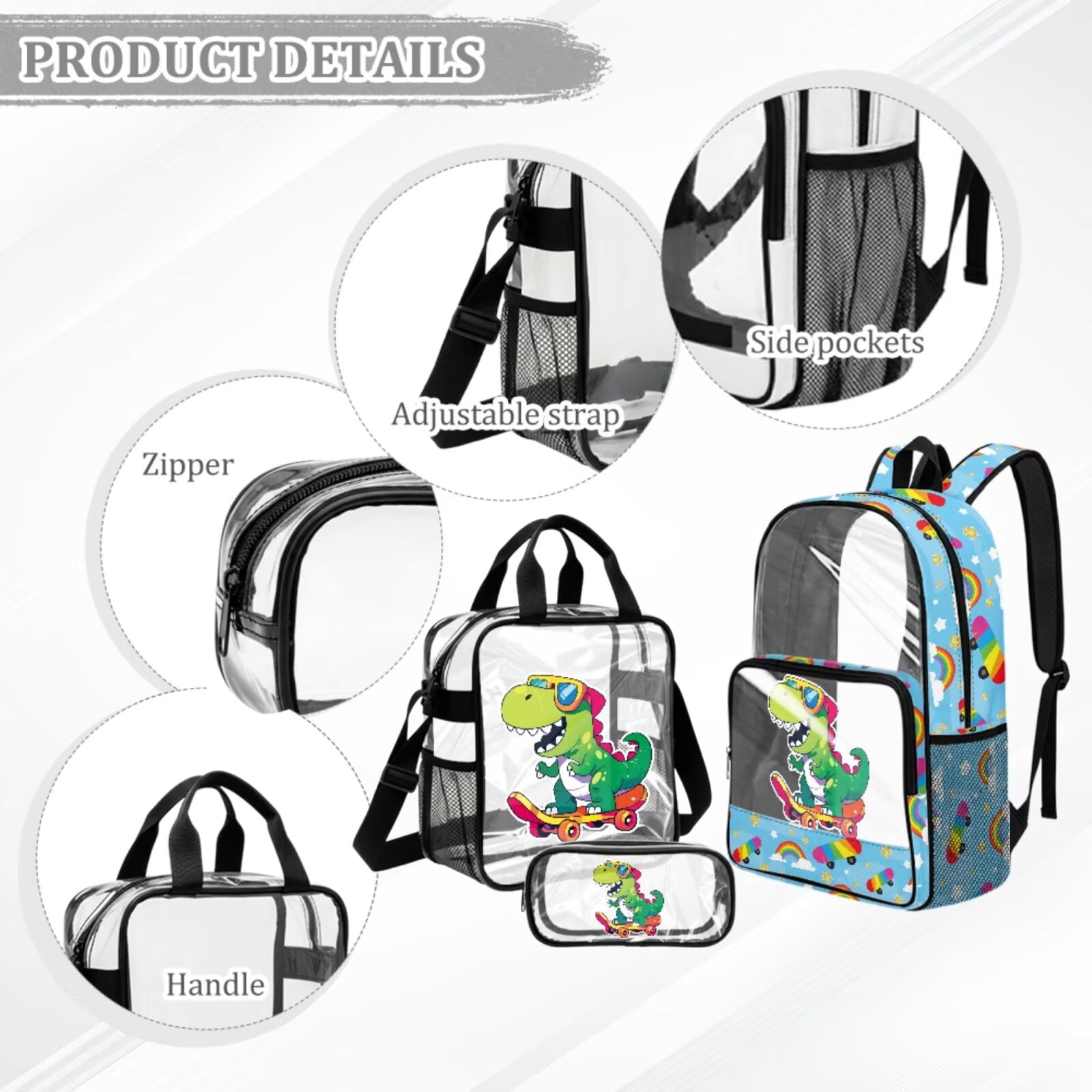 Xixirimido Cartoon Dinosaur Rainbow Stars Print 3Pcs Set Clear PVC Backpack with See Through Transparent Lunch Bag Pencil Case 3 in 1 School Bag Set Boys Girls Bookbag for School Stadium