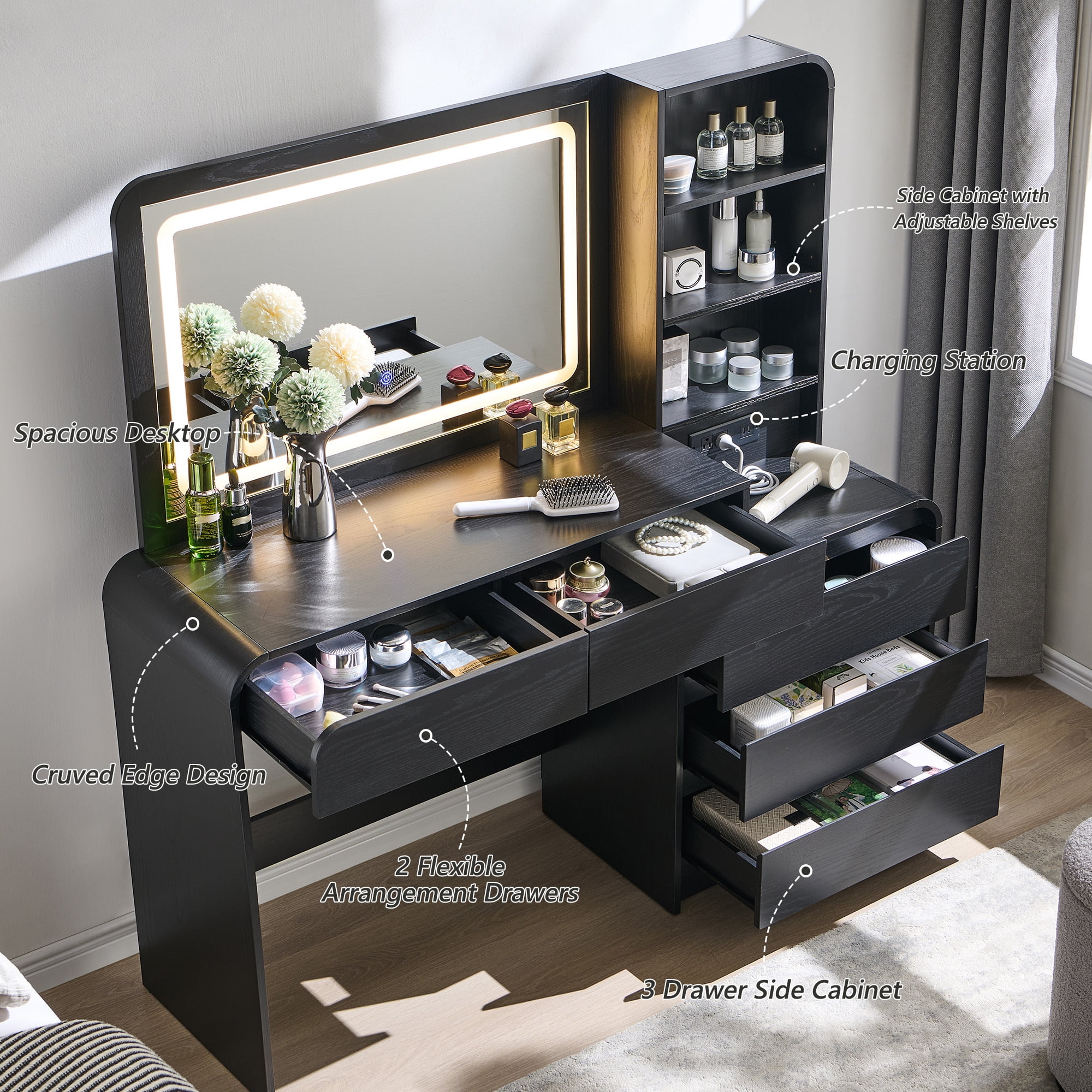 wow97e Modern Vanity Desk with Touch Screen LED Mirror, 55" Big Make Up Table with 5 Drawers , Wood Dressing Tablew/3 Color Available, Charging Station