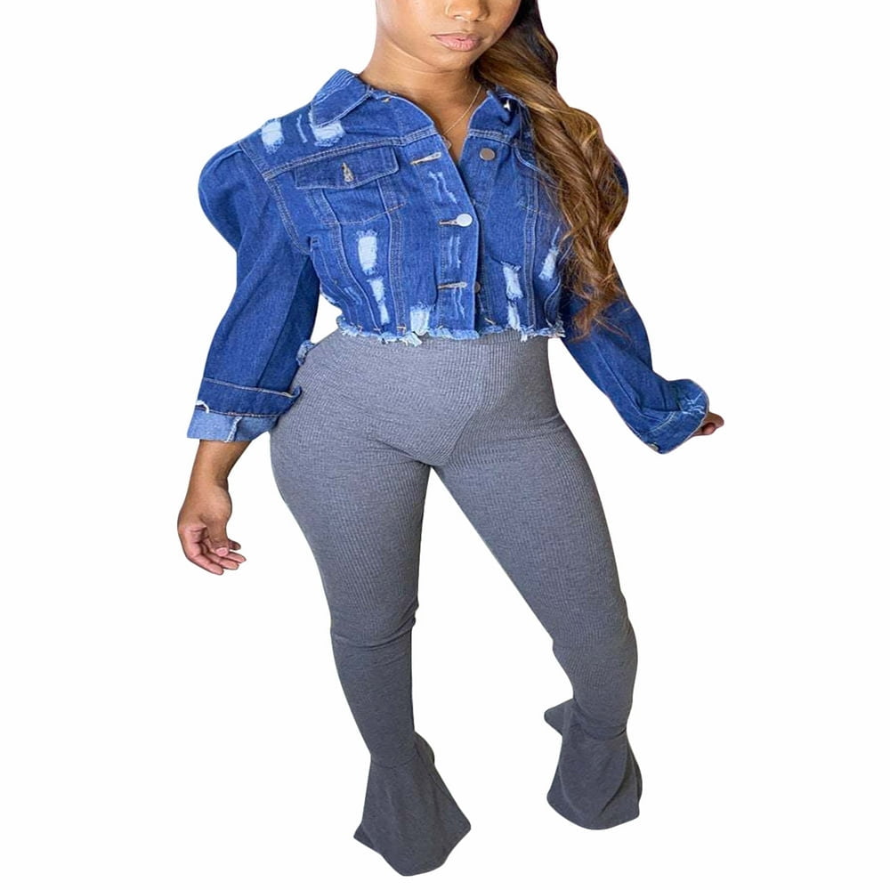 QJUHUNG Veste en Denim Déchirée pour Femmes, Manches Longues Bouffantes, Manteau en Jean Court, Veste Usée à Boutons, Mode Urbaine