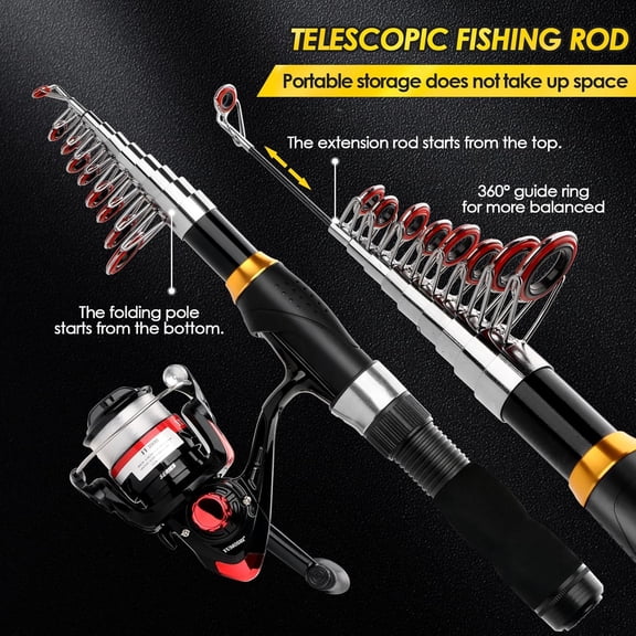 2PCS Telescopic Fishing Rod Reel Combo 6.89FT Collapsible Spinning Pole Kit with Tackle Box and Lures for Travel Camping