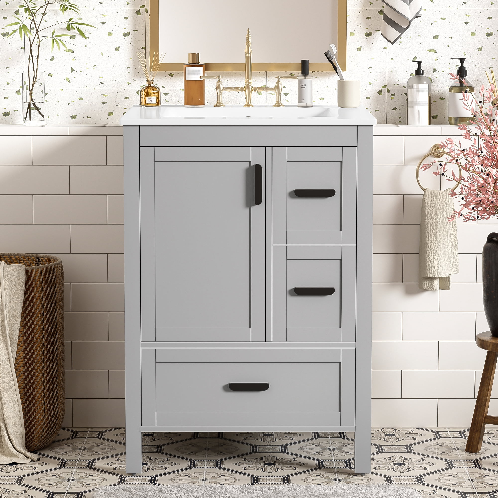 Euroco Modern 24-inch Bathroom Vanity with Ceramic Sink, Soft-Close Door, Double-Layer Door Shelf, and 3 Drawers