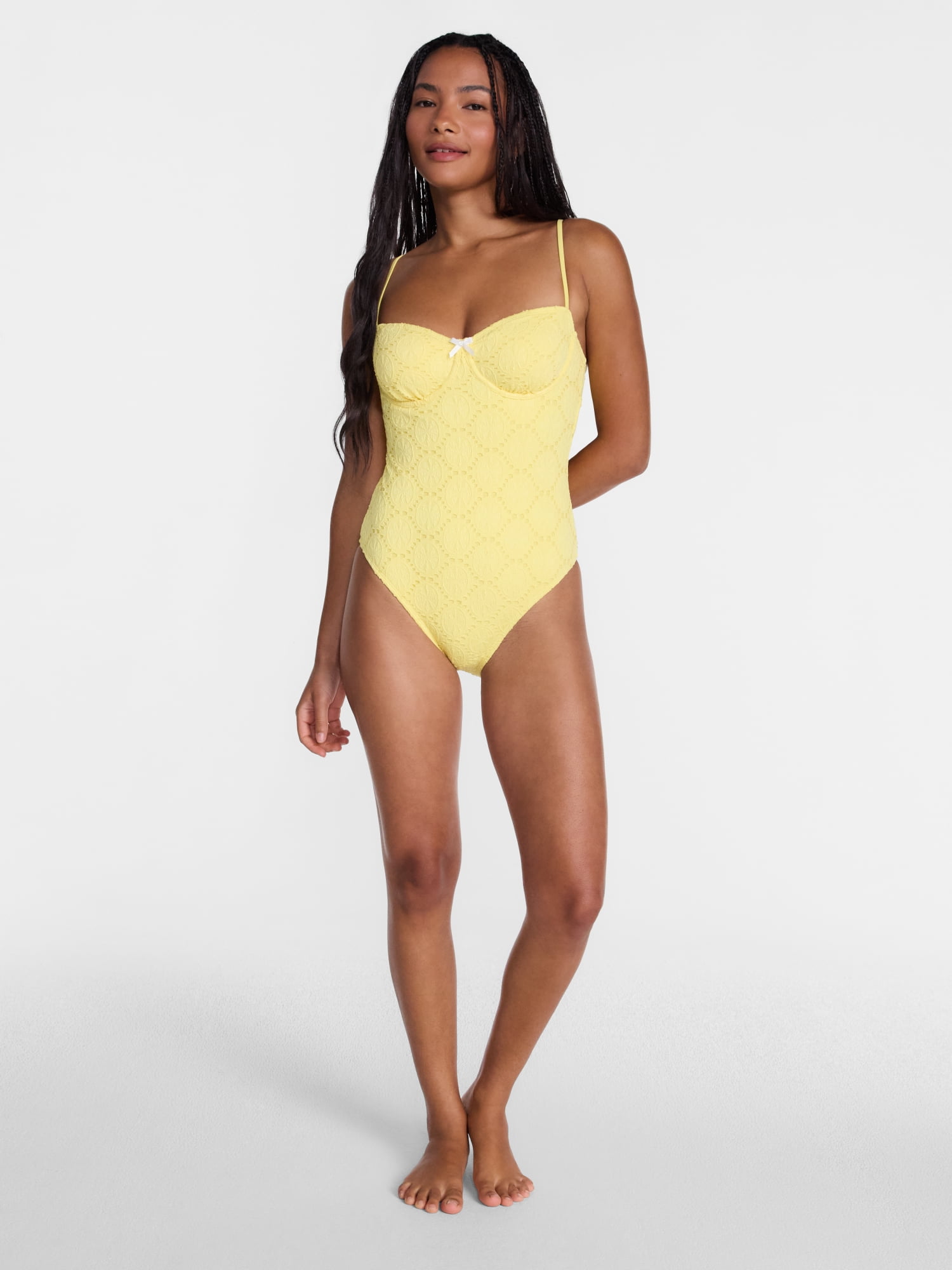 No Boundaries Lemon Eyelet Underwire One Piece Swimsuit, Women's XXS-XXL