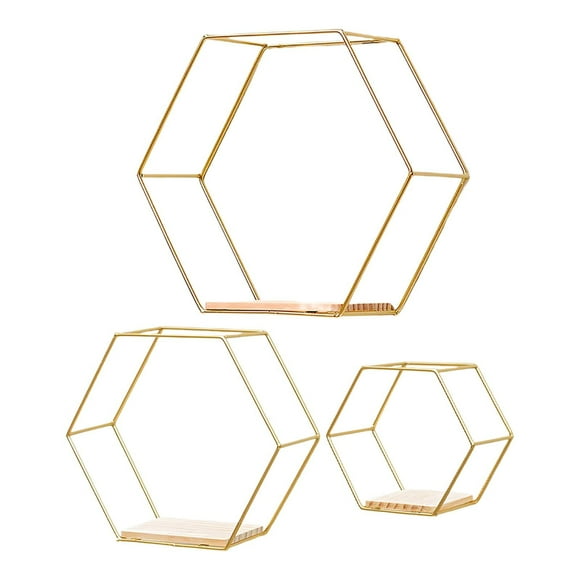Set of 3 Modern Hexagon Honeycomb Floating Wall Shelf Display Hanging Storage Rack for Home/Office,Golden