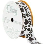 Offray Ribbon, White 7/8 inch Black Paw Print Satin Ribbon for Sewing, Crafts, and Gifting, 9 feet, 1 Each